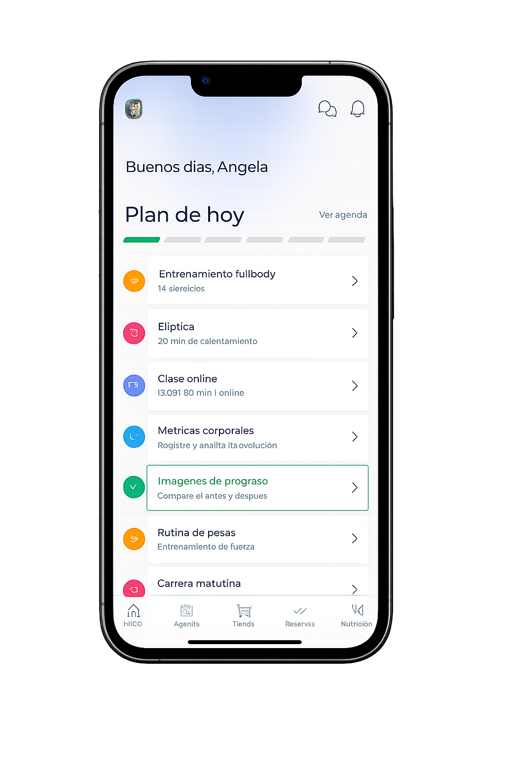 Pantalla Plan de hoy: entrenamientos y actividades del día